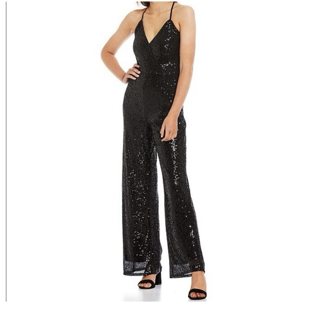 Gianni Bini Women's Black Sequin Sleeveless Jumpsuit Size Small Lace Up Back